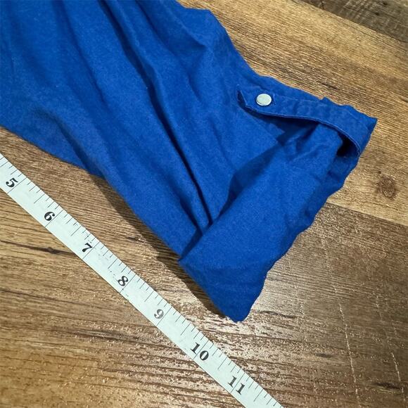 Emily Daniels Linen Blend Roll Tab Half Sleeve Button-Up Shirt Blue Large Pocket - Picture 9 of 9